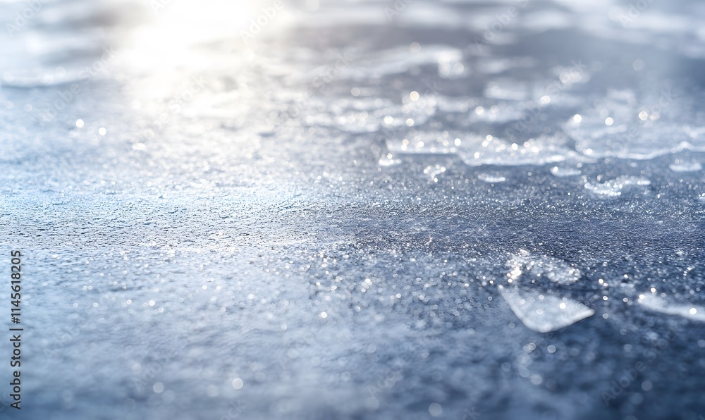 Close-up of melting ice crystals on a frozen surface with sunlight reflecting. Close-up of melting ice crystals on a frozen surface with sunlight reflecting.