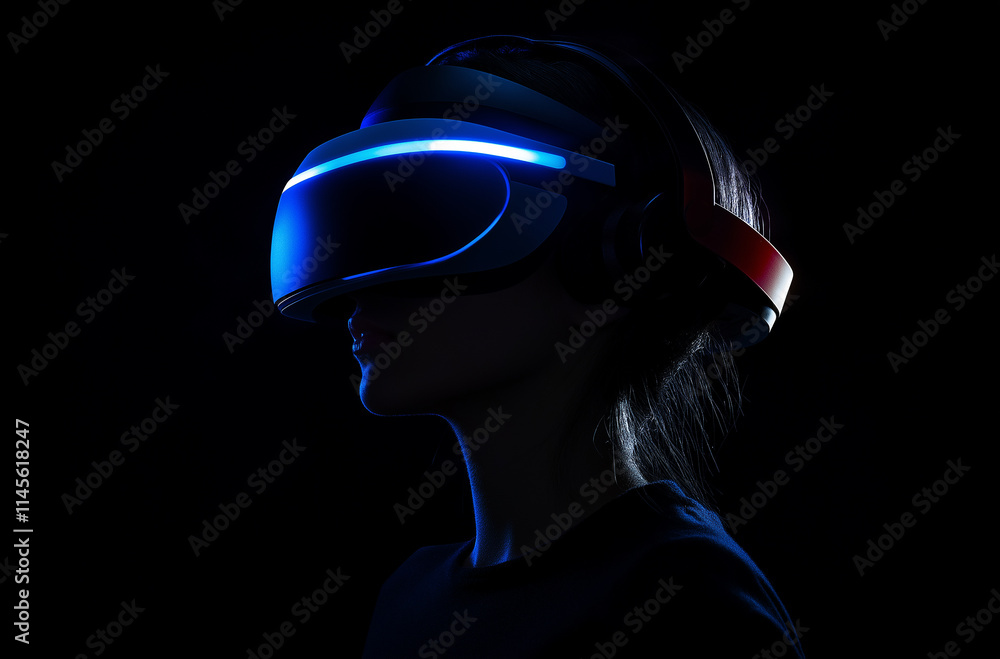 Smart female stand with surrounded by cyberpunk neon light wear VR headset connecting metaverse, futuristic cyberspace community technology. Elegant Smart female stand with surrounded by cyberpunk neon light wear VR headset connecting metaverse, futuristic cyberspace community technology. Elegant