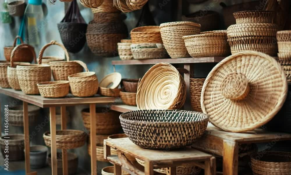 An array of handcrafted woven baskets displayed at a market stall. An array of handcrafted woven baskets displayed at a market stall.