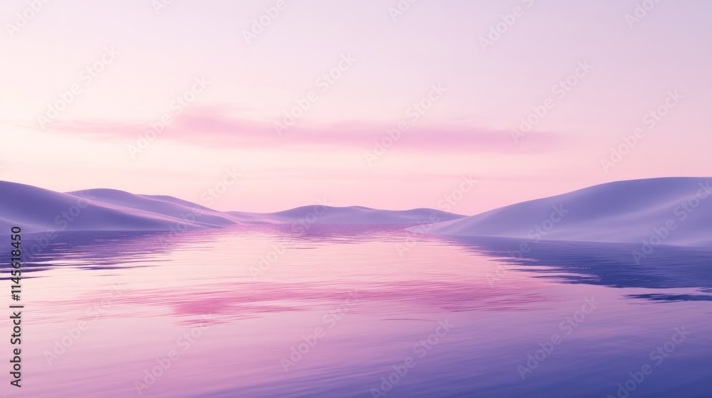 Serene Desert Landscape at Dusk with Soft Pink Hues and Reflection Serene Desert Landscape at Dusk with Soft Pink Hues and Reflection