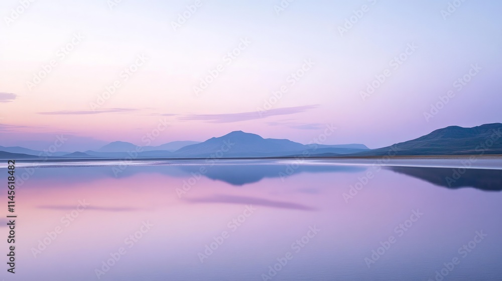 Serene Desert Landscape at Dusk with Soft Pink Hues and Reflection Serene Desert Landscape at Dusk with Soft Pink Hues and Reflection