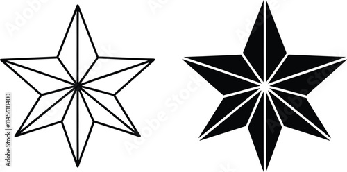 Two eight pointed stars one outlined, one filled black. Simple geometric shapes, clean line art, in contrasting colors. Similar design, different styles.