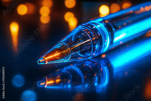  a close-up of a sleek glowing futuristic writing pen with a bioluminescen photo