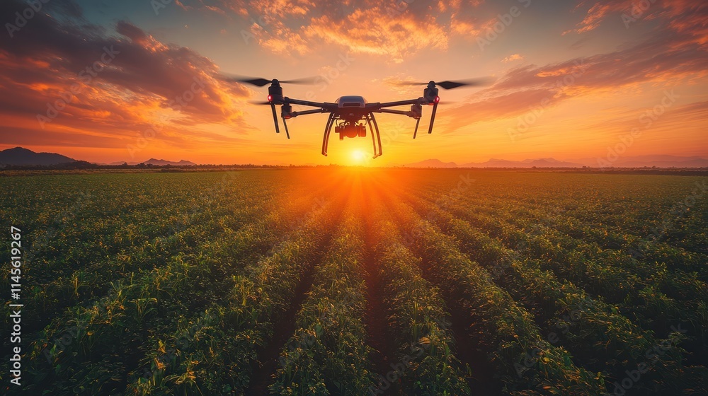Fototapeta premium Drone flying over a field at sunset.