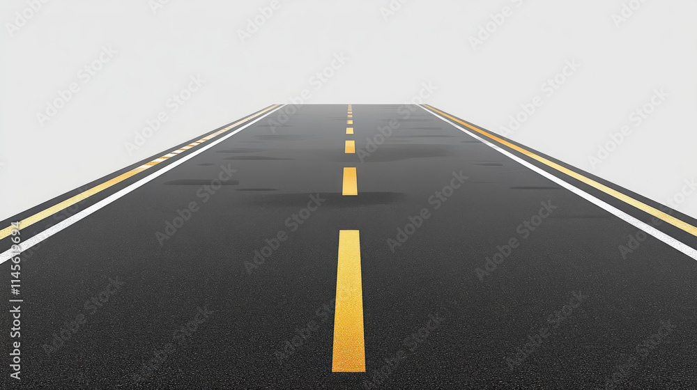 A long road with yellow lines stretching into the horizon under a clear blue sky. A long road with yellow lines stretching into the horizon under a clear blue sky.