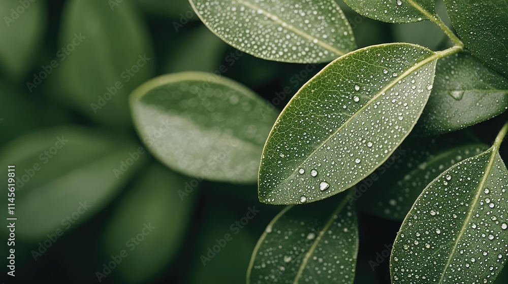 Obraz premium Micro foliage idea. Close-up of fresh green leaves adorned with water droplets after a gentle rain.