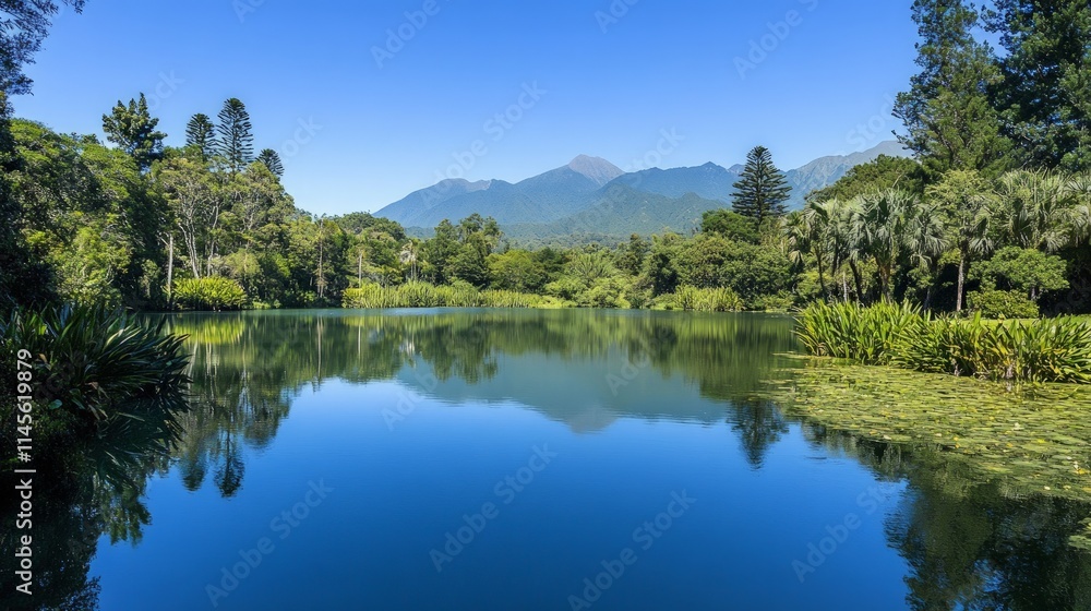 Serene Lake with Clear Blue Reflections of Mountains and Trees Serene Lake with Clear Blue Reflections of Mountains and Trees