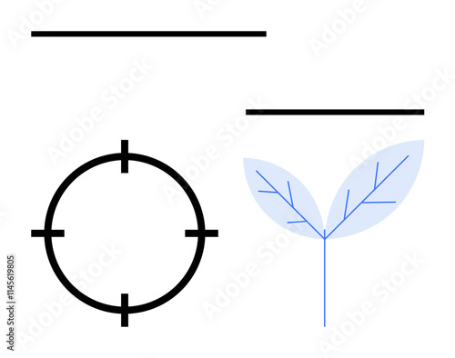 Two horizontal lines, a circular target with four markers, and blue leaf with white veins. Ideal for design concepts, minimalism, nature, precision themes, balance and art projects. Line metaphor