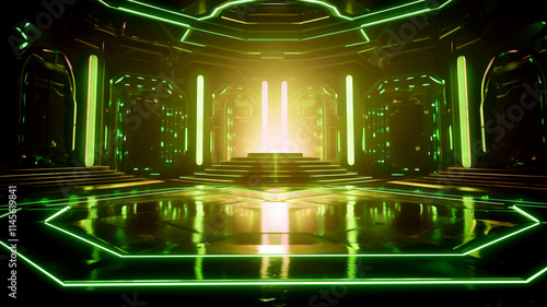 stage, concert, podium, green lights, beautiful cinematic lighting reflections.