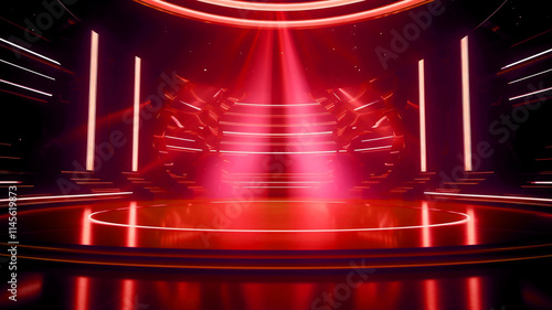 stage, concert, podium, red lights, beautiful cinematic lighting reflections.
