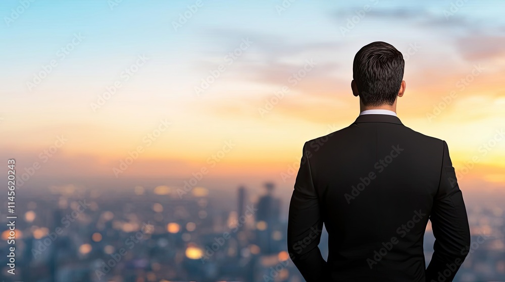 Businessman silhouettes concept. A businessman gazes at a city skyline during a beautiful sunset. Businessman silhouettes concept. A businessman gazes at a city skyline during a beautiful sunset.