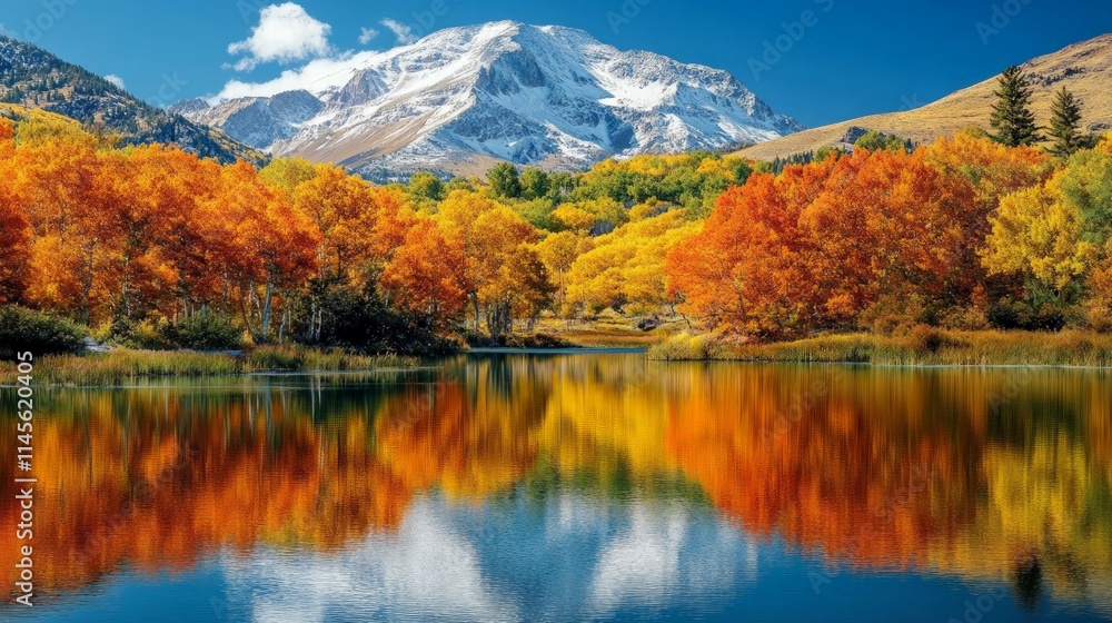 Serene Lake Surrounded by Vibrant Autumn Colors and Mountain Peaks Serene Lake Surrounded by Vibrant Autumn Colors and Mountain Peaks