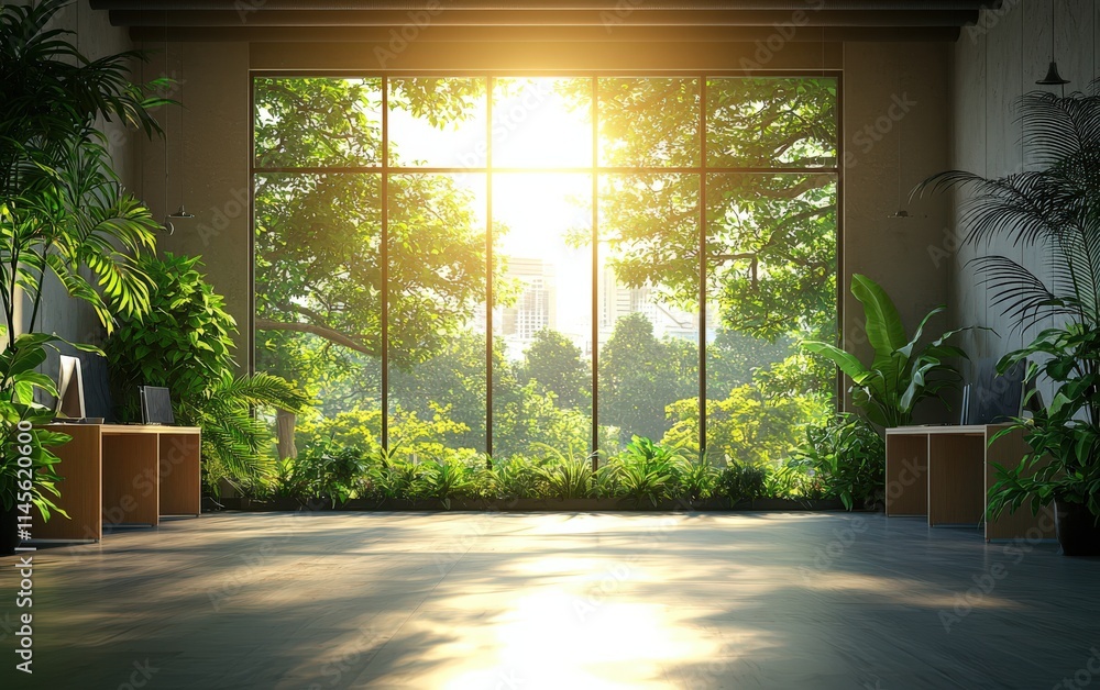 Fototapeta premium Serene office space bathed in sunlight, featuring large windows showcasing lush greenery and city views. Ideal for concepts of eco-friendly workplaces, tranquility, and natural light.