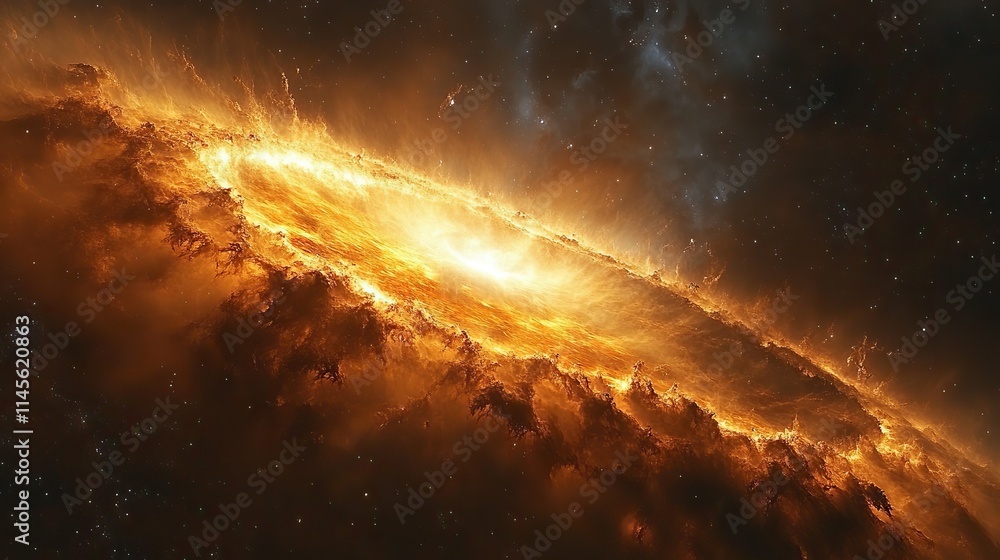Obraz premium A black hole pulls in gas and dust, a dark universe background for adventure and exploration, a wallpaper design showcasing the mysteries of the cosmos.