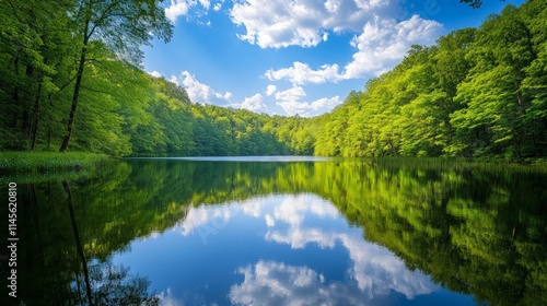 Serene Lake Surrounded by Lush Green Trees and Clear Blue Sky