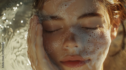 Beautiful Woman Washing Her Face with Soap Foam