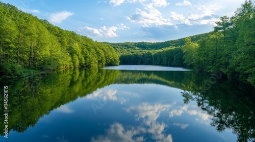 Serene Lake Surrounded by Lush Green Forest Under Blue Sky