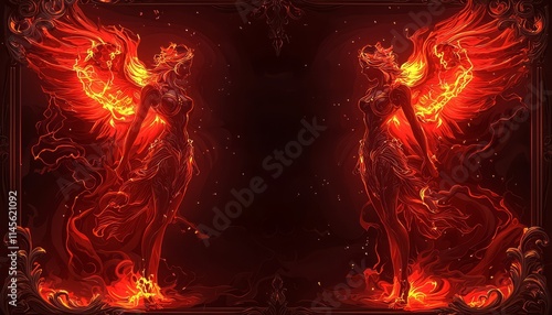 Fiery winged women stand framed in ornate decor photo