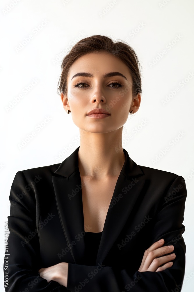 A confident woman in a black blazer stands with arms crossed against a plain background, exuding professionalism and poise. A confident woman in a black blazer stands with arms crossed against a plain background, exuding professionalism and poise.