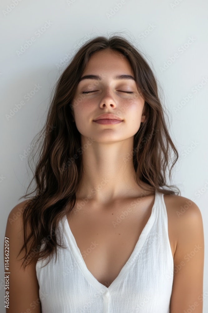 A serene young woman with closed eyes, exuding calmness, stands against a light background, embodying tranquility and inner peace. A serene young woman with closed eyes, exuding calmness, stands against a light background, embodying tranquility and inner peace.