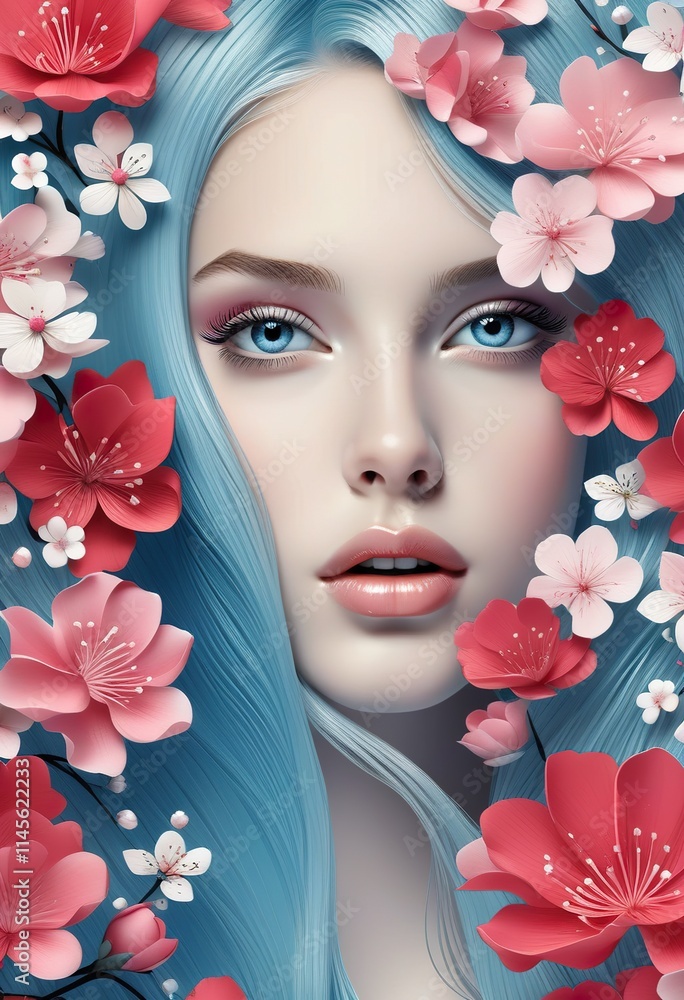 Closeup portrait of a woman with vibrant blue hair adorned with pink and white blossoms. Her makeup is soft pink, enhancing her striking blue eyes. The image is a digital artwork with a stylized flora Closeup portrait of a woman with vibrant blue hair adorned with pink and white blossoms. Her makeup is soft pink, enhancing her striking blue eyes. The image is a digital artwork with a stylized flora