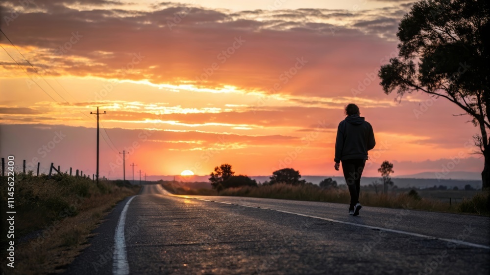 silhouette of a person running on the road at sunset silhouette of a person running on the road at sunset