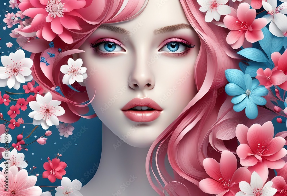 Closeup portrait of a woman with vibrant blue hair adorned with pink and white blossoms. Her makeup is soft pink, enhancing her striking blue eyes. The image is a digital artwork with a stylized flora Closeup portrait of a woman with vibrant blue hair adorned with pink and white blossoms. Her makeup is soft pink, enhancing her striking blue eyes. The image is a digital artwork with a stylized flora