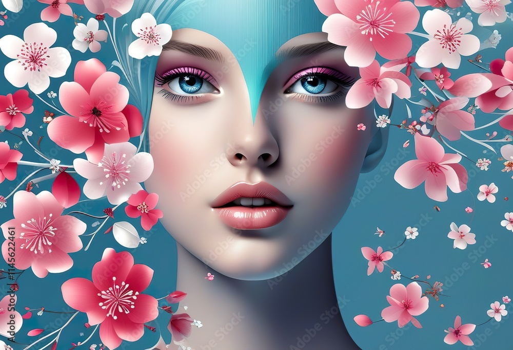Closeup portrait of a woman with vibrant blue hair adorned with pink and white blossoms. Her makeup is soft pink, enhancing her striking blue eyes. The image is a digital artwork with a stylized flora Closeup portrait of a woman with vibrant blue hair adorned with pink and white blossoms. Her makeup is soft pink, enhancing her striking blue eyes. The image is a digital artwork with a stylized flora