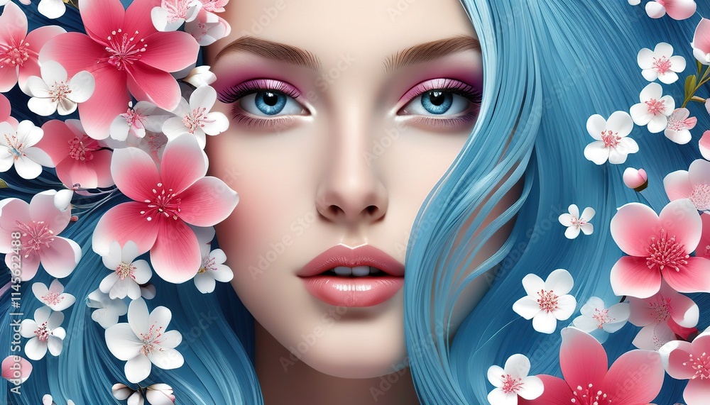 Closeup portrait of a woman with vibrant blue hair adorned with pink and white blossoms. Her makeup is soft pink, enhancing her striking blue eyes. The image is a digital artwork with a stylized flora Closeup portrait of a woman with vibrant blue hair adorned with pink and white blossoms. Her makeup is soft pink, enhancing her striking blue eyes. The image is a digital artwork with a stylized flora