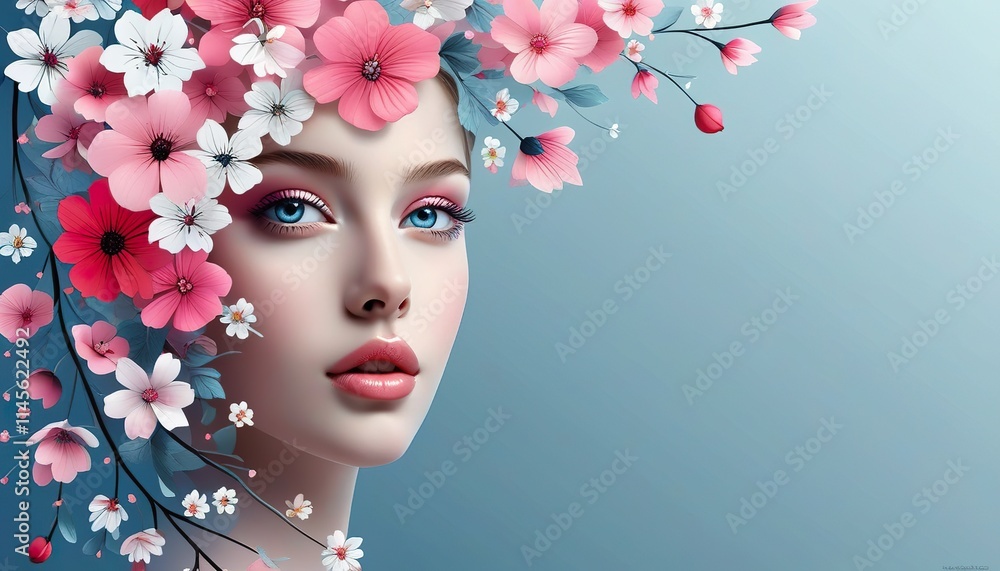 Closeup portrait of a woman with vibrant blue hair adorned with pink and white blossoms. Her makeup is soft pink, enhancing her striking blue eyes. The image is a digital artwork with a stylized flora Closeup portrait of a woman with vibrant blue hair adorned with pink and white blossoms. Her makeup is soft pink, enhancing her striking blue eyes. The image is a digital artwork with a stylized flora