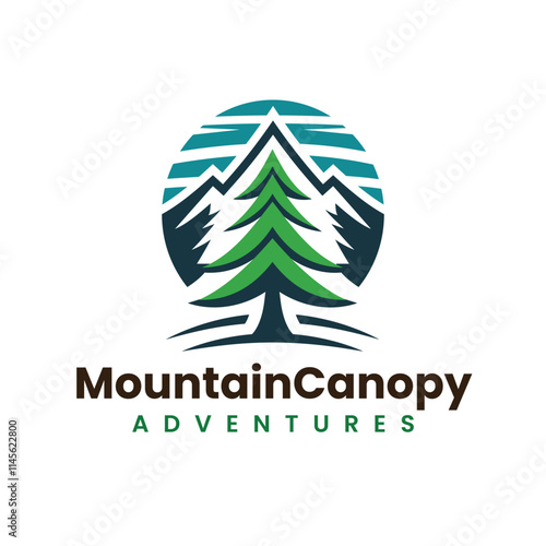 Pine Tree with Mountain Silhouette in Green and Blue Logo Design
