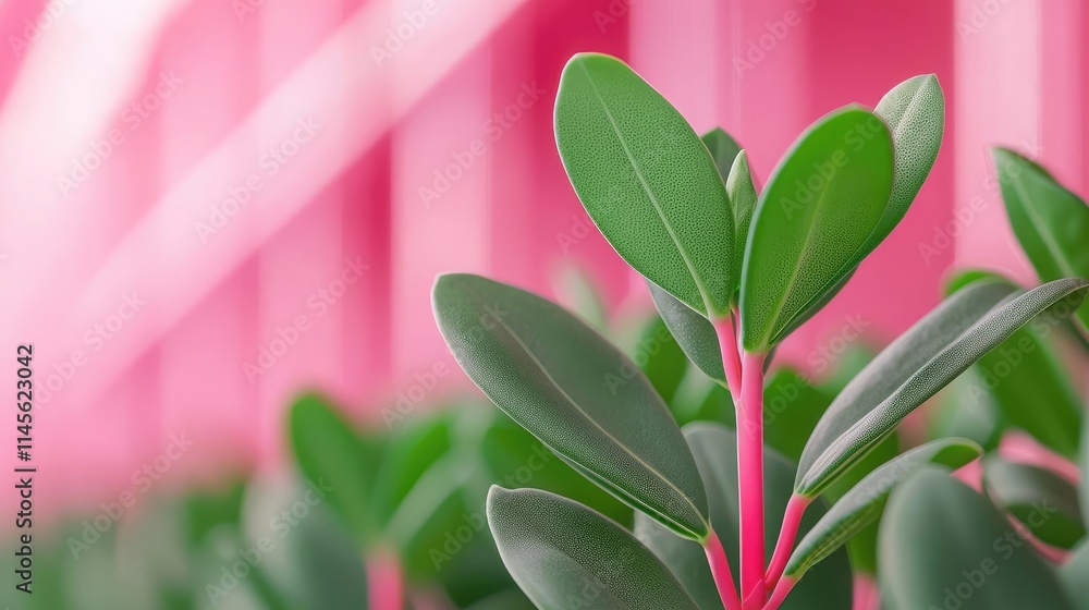 Obraz premium Micro foliage idea. Close-up of vibrant green leaves against a soft pink background, showcasing nature's beauty.