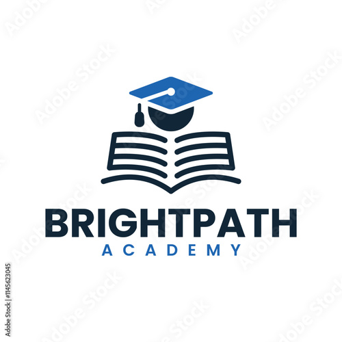 Open Book with Graduation Cap in Blue and White Logo Design