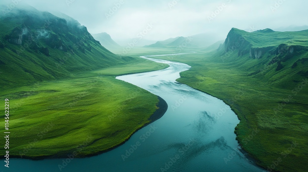 Fototapeta premium Serene River Meandering Through Lush Green Valley Landscape