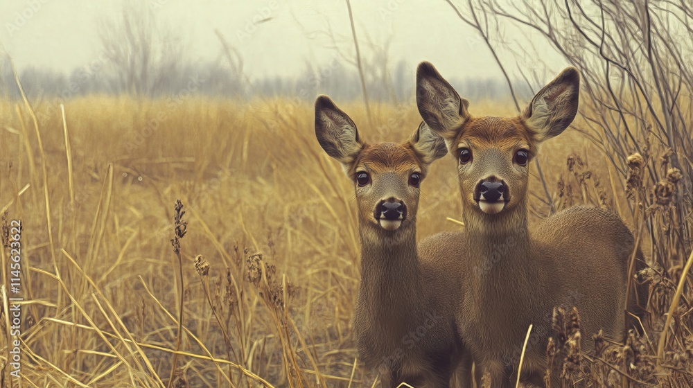 two young deer look carefully at a deserted marshy place with dry yellow grass trying to escape two young deer look carefully at a deserted marshy place with dry yellow grass trying to escape