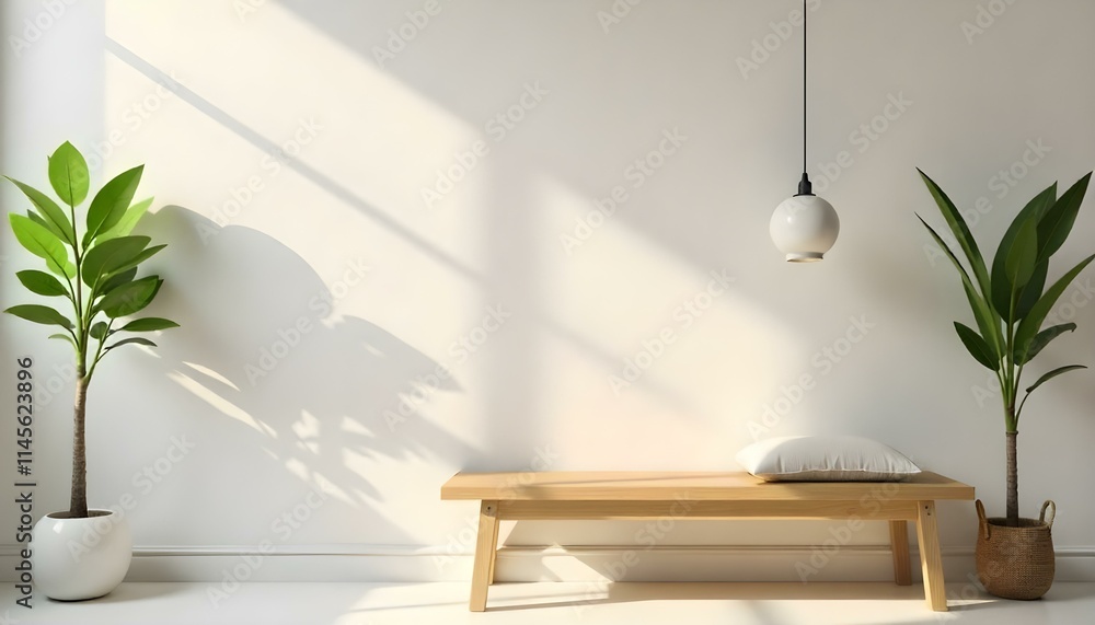 A minimalist wooden bench with shelves, a potted plant, and a hanging light fixture in a bright, airy room with a white wall and natural lighting A minimalist wooden bench with shelves, a potted plant, and a hanging light fixture in a bright, airy room with a white wall and natural lighting