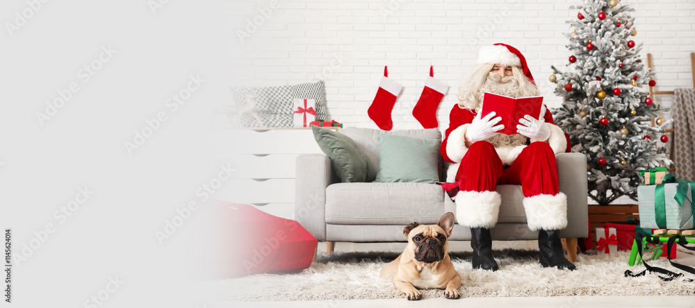Fototapeta premium Santa Claus with book and cute French bulldog in room decorated for Christmas