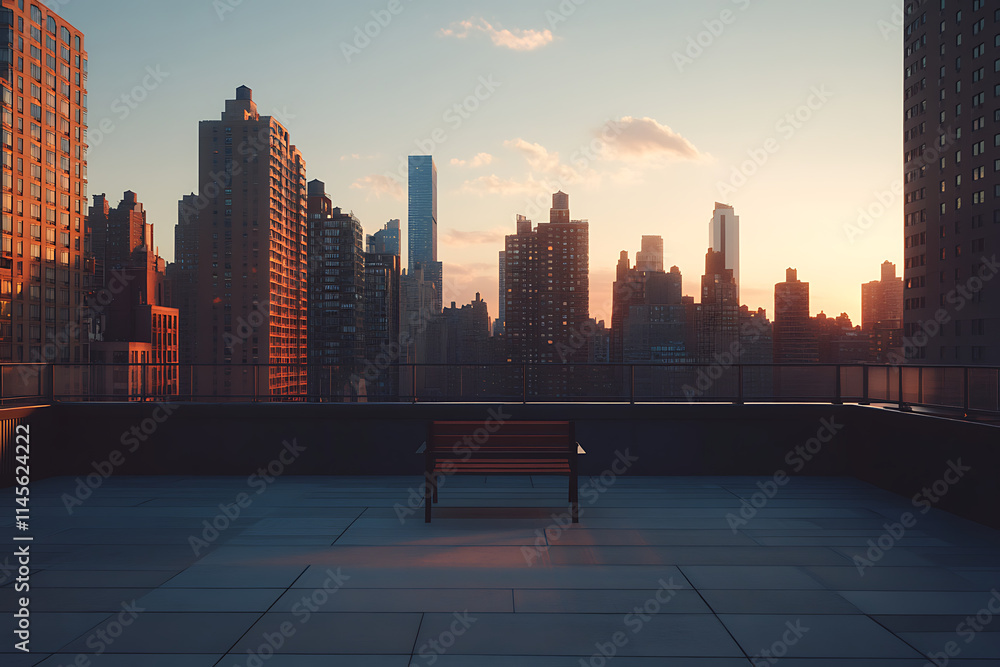 Obraz premium A quiet rooftop terrace at dusk with a solitary chair