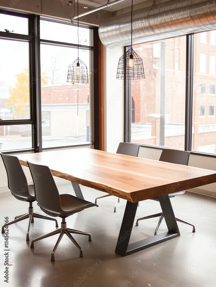 Fototapeta premium A modern conference room featuring a large wooden table, sleek chairs, and ample natural light from large windows.