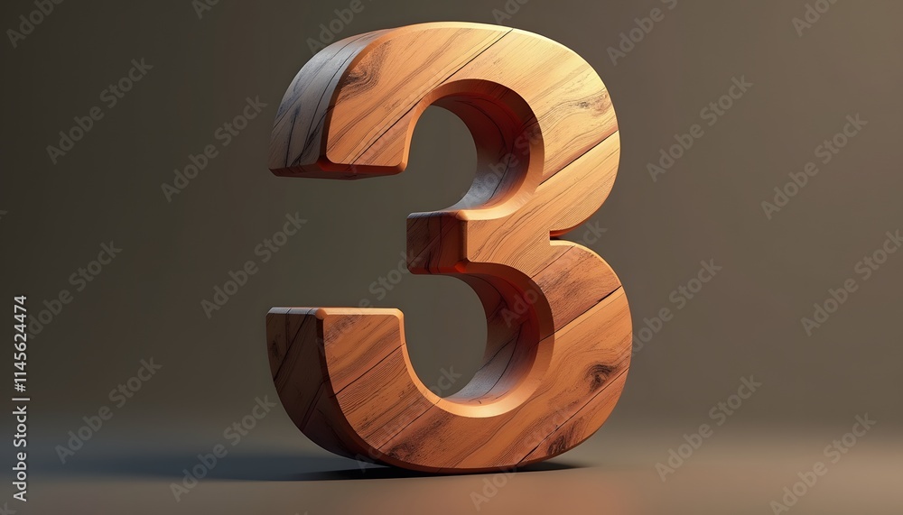 Wooden Number Three: A 3D Render of a Number Three Crafted from Wood Wooden Number Three: A 3D Render of a Number Three Crafted from Wood