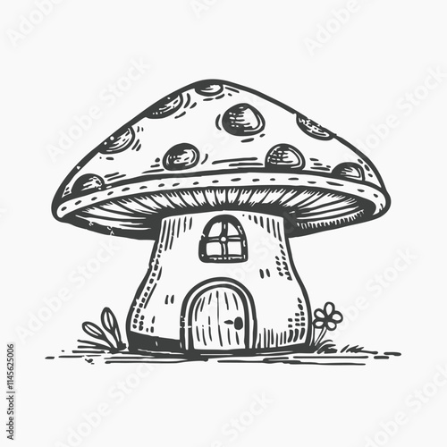 mushroom house in garden illustration