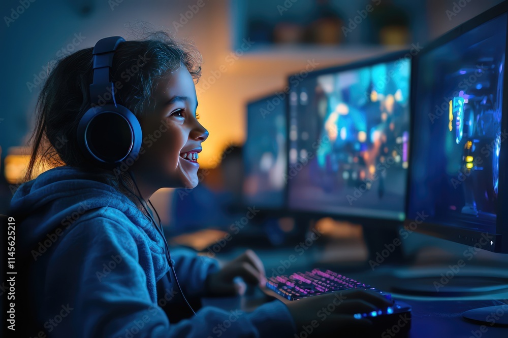 A child wearing headphones and smiling while watching an animated video on a computer screen in a lively school computer lab filled with other students and computers. A child wearing headphones and smiling while watching an animated video on a computer screen in a lively school computer lab filled with other students and computers.