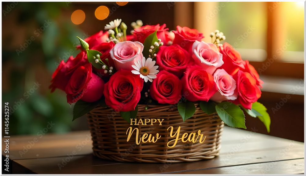 Obraz premium Inside a basket are roses and the words Happy New Year