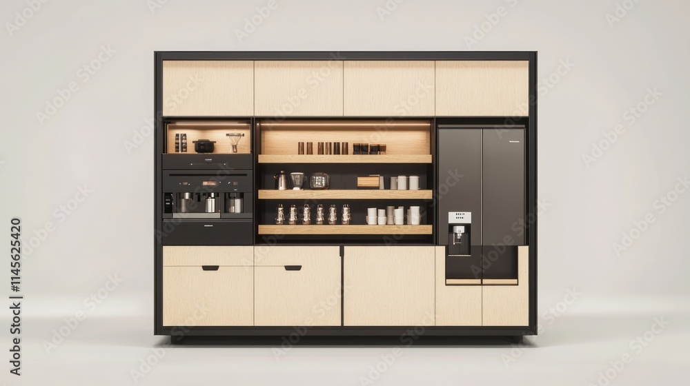 Fototapeta premium Modern integrated kitchen unit with coffee maker, refrigerator, and storage shelves.