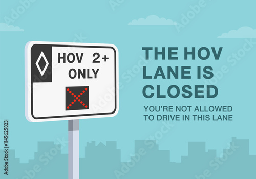 Safe driving tips and traffic regulation rules. Close-up of United States "HOV 2+ only lane is closed" sign meaning. Flat vector illustration template.