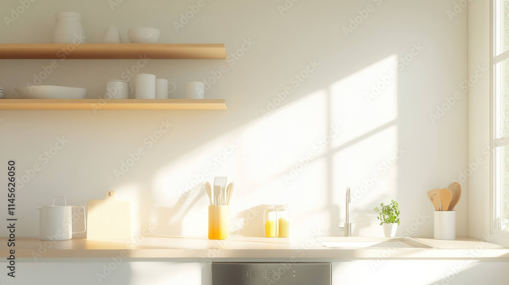 Fototapeta premium bright and airy kitchen with open shelving, stainless steel appliances, and minimal decor. Natural light enhances serene
