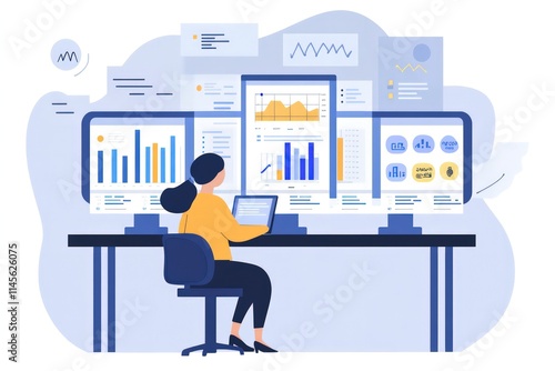 A clean and modern business workspace with an analyst monitoring a KPI dashboard, financial data graphs, and sales trends, connected through a visualized cloud database. photo