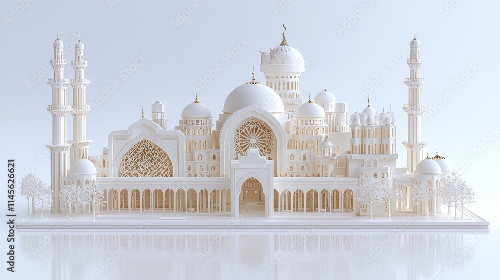 Obraz premium Intricate white papercraft model of a grand mosque with detailed domes and minarets on a reflective surface.