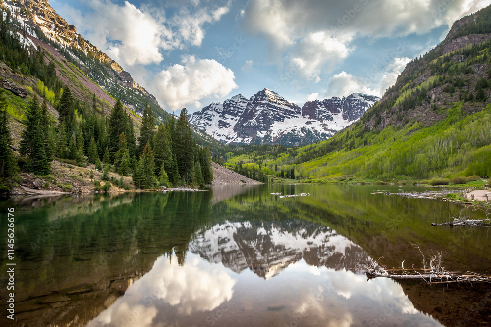 Majestic Maroon Bells reflected in serene lake