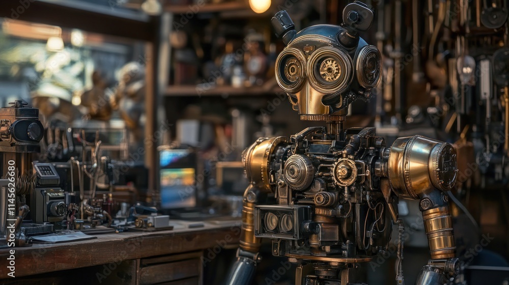 A Steampunk Clockwork Robot Standing Proudly in a Workshop, Gleaming with Brass and Copper Components A Steampunk Clockwork Robot Standing Proudly in a Workshop, Gleaming with Brass and Copper Components